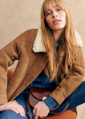 Sezane NICO COAT in Caramel Ecru ~ women’s luxe brown leather coats ~ womens luxury winter contrast collar jackets p