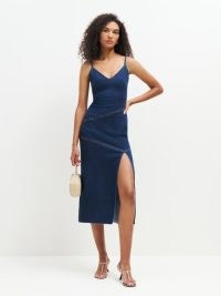 Reformation Novelle Denim Midi Dress in Simcoe – blue strappy high slit midi dresses