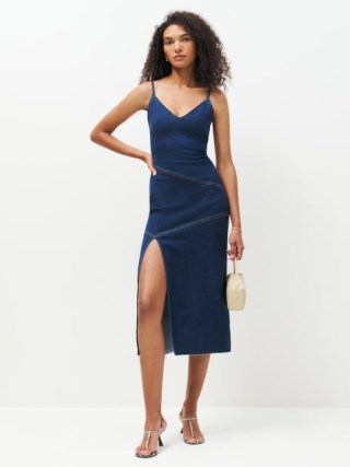 Reformation Novelle Denim Midi Dress in Simcoe – blue strappy high slit midi dresses p - flipped