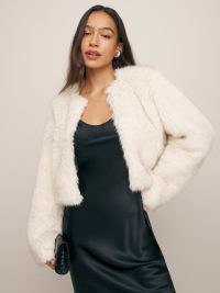 Reformation Paddy Cropped Jacket in Cream ~ luxe fluffy occasion jackets ~ glamorous evening outerwear p