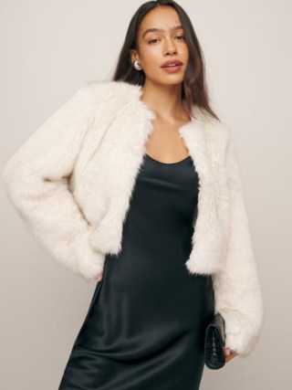 Reformation Paddy Cropped Jacket in Cream ~ luxe fluffy occasion jackets ~ glamorous evening outerwear p - flipped