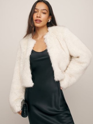 Reformation Paddy Cropped Jacket in Cream ~ luxe fluffy occasion jackets ~ glamorous evening outerwear p