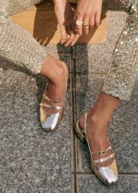 Sézane PAULA BABIES Embossed gold / luxe double strap slingbacks / glamorous snake effect leather slingback shoes / shiny mid block heels