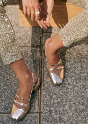 Sézane PAULA BABIES Embossed gold / luxe double strap slingbacks / glamorous snake effect leather slingback shoes / shiny mid block heels p - flipped