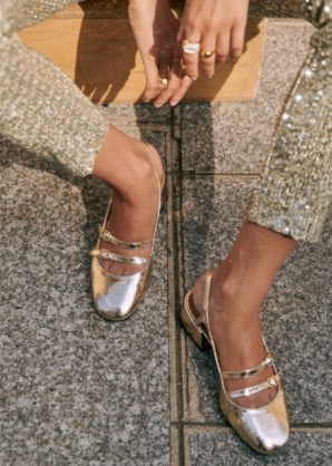 Sézane PAULA BABIES Embossed gold / luxe double strap slingbacks / glamorous snake effect leather slingback shoes / shiny mid block heels p