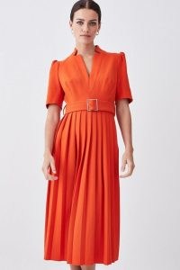 Karen Millen Petite Tailored Structured Crepe Forever Pleat Midi Dress in Orange – women’s bright short puff sleeve belted dresses – womens vibrant clothing