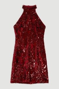 KAREN MILLEN Petite Velvet Sequinned Halter Woven Mini Dress in Red ~ sequin covered halterneck party dresses