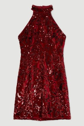 KAREN MILLEN Petite Velvet Sequinned Halter Woven Mini Dress in Red ~ sequin covered halterneck party dresses p - flipped
