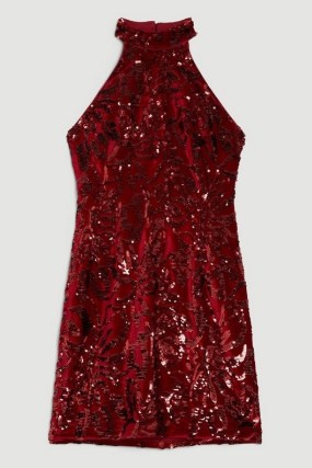 KAREN MILLEN Petite Velvet Sequinned Halter Woven Mini Dress in Red ~ sequin covered halterneck party dresses p