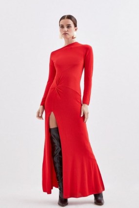 Karen Millen Petite Viscose Blend Twist Knot Knitted Maxi Dress in Red – long sleeve thigh high slit occasion dresses p - flipped