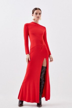 Karen Millen Petite Viscose Blend Twist Knot Knitted Maxi Dress in Red – long sleeve thigh high slit occasion dresses p