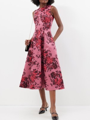 EMILIA WICKSTEAD Mara floral-print faille midi dress in pink ~ vintage style designer occasion clothing ~ sleeveless fit and flare occasion dresses p - flipped