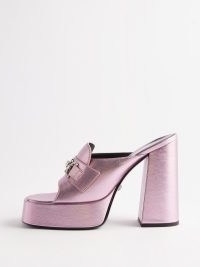 VERSACE Medusa-head 120 metallic-leather platform mules in pink – luxe block heel mule platforms – chunky retro inspired shoes p