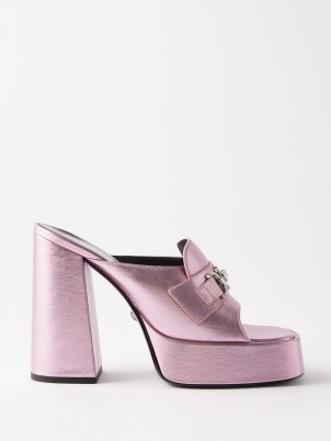 VERSACE Medusa-head 120 metallic-leather platform mules in pink – luxe block heel mule platforms – chunky retro inspired shoes p - flipped