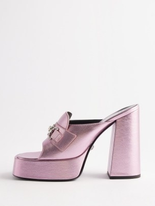 VERSACE Medusa-head 120 metallic-leather platform mules in pink – luxe block heel mule platforms – chunky retro inspired shoes p