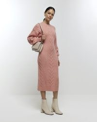 RIVER ISLAND Pink Plait Jumper Midi Dress ~ long sleeve crew neck sweater dresses