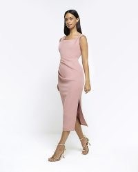 RIVER ISLAND Pink Ruched Bodycon Midi Dress ~ sleeveless square neck pencil dresses