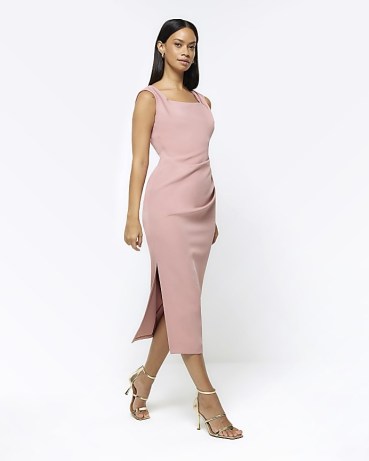 RIVER ISLAND Pink Ruched Bodycon Midi Dress ~ sleeveless square neck pencil dresses p - flipped
