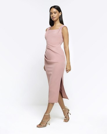 RIVER ISLAND Pink Ruched Bodycon Midi Dress ~ sleeveless square neck pencil dresses p