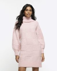 RIVER ISLAND Pink Textured Roll Neck Jumper Mini Dress ~ long sleeve high neck sweater dresses
