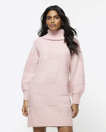 RIVER ISLAND Pink Textured Roll Neck Jumper Mini Dress ~ long sleeve high neck sweater dresses p - flipped