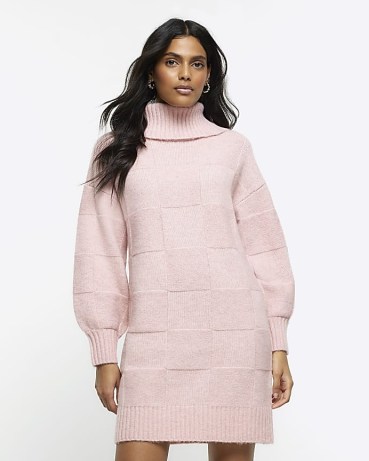 RIVER ISLAND Pink Textured Roll Neck Jumper Mini Dress ~ long sleeve high neck sweater dresses p
