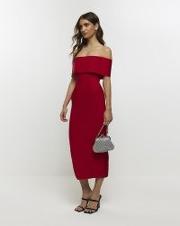 RIVER ISLAND Red Bardot Maxi Dress ~ fitted off the shoulder evening dresses ~ glamorous party bodycon