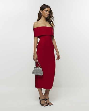 RIVER ISLAND Red Bardot Maxi Dress ~ fitted off the shoulder evening dresses ~ glamorous party bodycon p - flipped