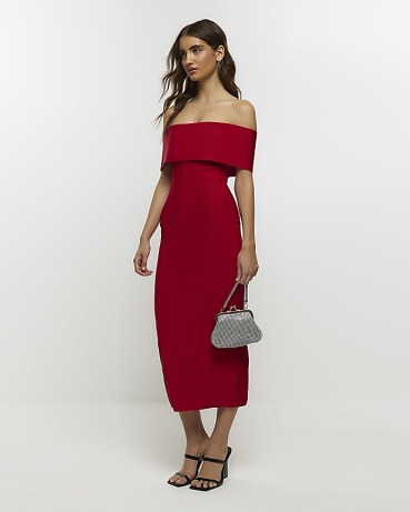 RIVER ISLAND Red Bardot Maxi Dress ~ fitted off the shoulder evening dresses ~ glamorous party bodycon p