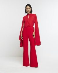 RIVER ISLAND Red Cape Wide Leg Jumpsuit ~ evening jumpsuits ~ glamorous all-in-one party fashion
