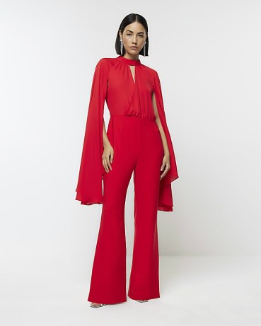RIVER ISLAND Red Cape Wide Leg Jumpsuit ~ evening jumpsuits ~ glamorous all-in-one party fashion p - flipped