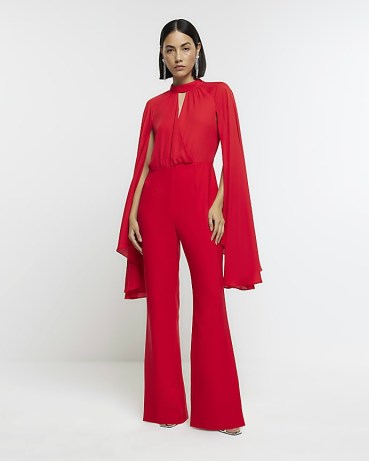 RIVER ISLAND Red Cape Wide Leg Jumpsuit ~ evening jumpsuits ~ glamorous all-in-one party fashion p