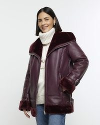 RIVER ISLAND Red Faux Leather Aviator Jacket ~ women’s buckle detail fake fur lined winter jackets