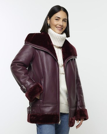 RIVER ISLAND Red Faux Leather Aviator Jacket ~ women’s buckle detail fake fur lined winter jackets p - flipped