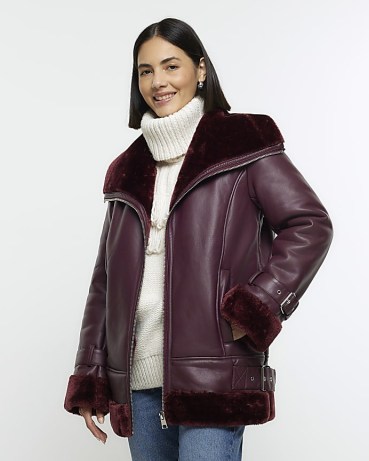 RIVER ISLAND Red Faux Leather Aviator Jacket ~ women’s buckle detail fake fur lined winter jackets p