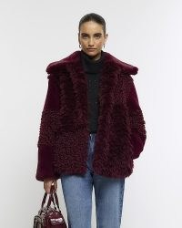 RIVER ISLAND Red Patchwork Faux Fur Coat ~ women’s fluffy winter coats ~ glaorous textured jackets