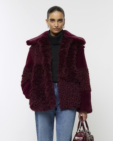 RIVER ISLAND Red Patchwork Faux Fur Coat ~ women’s fluffy winter coats ~ glaorous textured jackets p - flipped