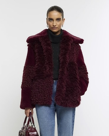 RIVER ISLAND Red Patchwork Faux Fur Coat ~ women’s fluffy winter coats ~ glaorous textured jackets p