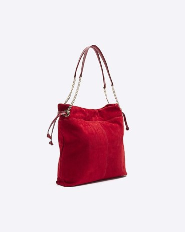 RIVER ISLAND Red Suede Shoulder Bag ~ slouchy drawstring bags p