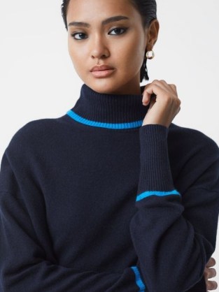 Reiss ALEXIS CASHMERE WOOL FUNNEL NECK JUMPER Navy / Blue | tonal contrast trim jumpers p - flipped
