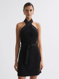 Reiss ALEXIS FITTED HALTER NECK MINI DRESS BLACK – chic LBD – halterneck cocktail dresses – sophisticated party clothing