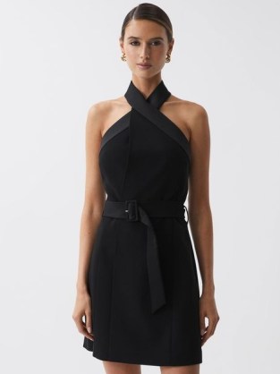 Reiss ALEXIS FITTED HALTER NECK MINI DRESS BLACK – chic LBD – halterneck cocktail dresses – sophisticated party clothing p - flipped