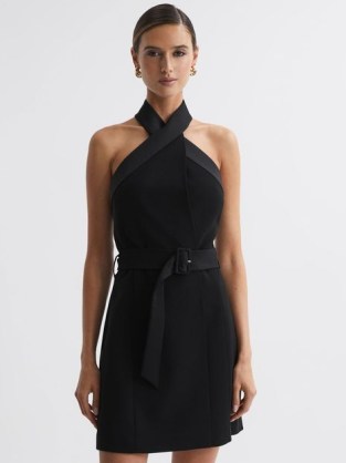 Reiss ALEXIS FITTED HALTER NECK MINI DRESS BLACK – chic LBD – halterneck cocktail dresses – sophisticated party clothing p