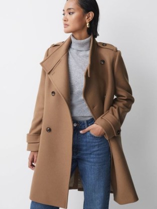 REISS AMIE WOOL BLEND DOUBLE BREASTED COAT in CAMEL ~ women’s light brown military style coats - flipped