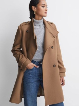 REISS AMIE WOOL BLEND DOUBLE BREASTED COAT in CAMEL ~ women’s light brown military style coats