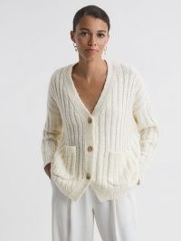 REISS ANNIE RELAXED WOOL BLEND CARDIGAN NEUTRAL ~ women’s luxe ribbed cardigans ~ luxury autumn knitwear ~ chic knits