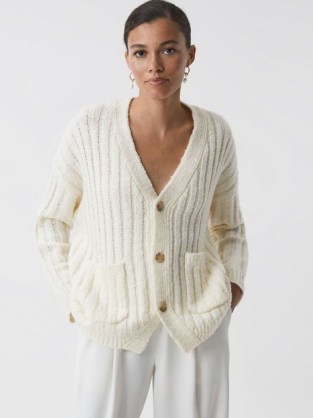REISS ANNIE RELAXED WOOL BLEND CARDIGAN NEUTRAL ~ women’s luxe ribbed cardigans ~ luxury autumn knitwear ~ chic knits p - flipped