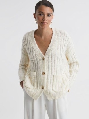 REISS ANNIE RELAXED WOOL BLEND CARDIGAN NEUTRAL ~ women’s luxe ribbed cardigans ~ luxury autumn knitwear ~ chic knits p
