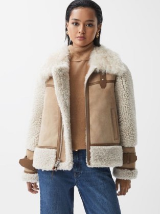 ASHER SUEDE SHEEPSKIN ZIP-THROUGH JACKET in NEUTRAL ~ women’s luxe winter jackets ~ womens glamorous outerwear ~ luxury clothing - flipped