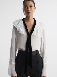 REISS AZARIAH SHEER RUFFLE VELVET TIE-NECK BLOUSE CREAM / BLACK ~ ruffled blouses ~ feminine frill trim top